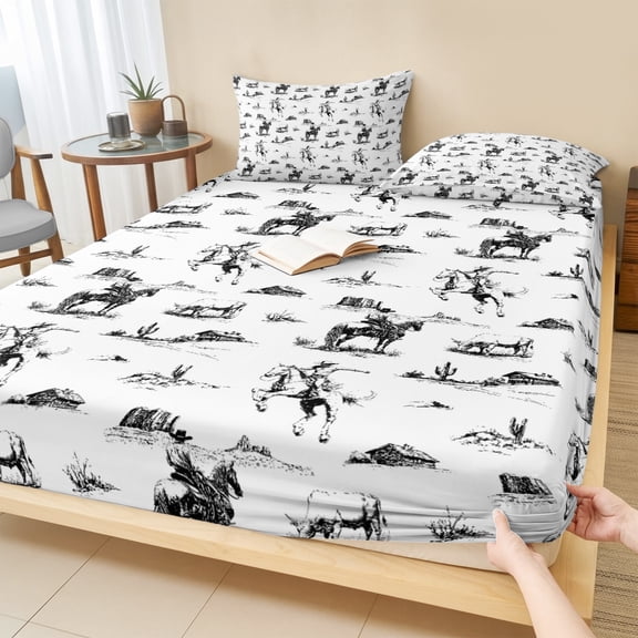 Cal.King Size Fitted Sheet Set - Black Western Cowboy 3 Piece Bedding Sets 16" Deep Pocket Fitted Sheet with 2 Pillowcases, Vintage Horse Cactus Ethnic Art Brushed Microfiber Hotel Luxury Bed Sheets