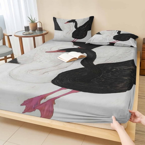 Cal.King Size Fitted Sheet Set - Black White Swan 3 Piece Bedding Sets 16" Deep Pocket Fitted Sheet with 2 Pillowcases, Romantic Swans Interlocked Necks Vintage Brushed Microfiber Hotel Bed Sheets