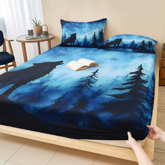 Cal.King Size Fitted Sheet Set - Black Wolf Night 3 Piece Bedding Sets 16" Deep Pocket Fitted Sheet with 2 Pillowcases, Abstract Forest Silhouette Starry Brushed Microfiber Hotel Luxury Bed Sheets