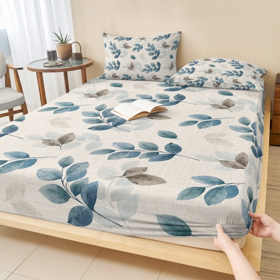 Cal.King Size Fitted Sheet Set - Blue Botanical Fall 3 Piece Bedding Sets 16" Deep Pocket Fitted Sheet with 2 Pillowcases, Pastoral Maple Leaf Autumn Rustic Brushed Microfiber Hotel Luxury Bed Sheets