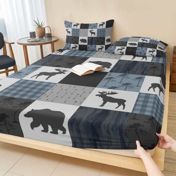 Cal.King Size Fitted Sheet Set - Blue Cabin Check 3 Piece Bedding Sets 16" Deep Pocket Fitted Sheet with 2 Pillowcases, Rustic Bear Elk Farmhouse Buffalo Plaid Brushed Microfiber Hotel Bed Sheets