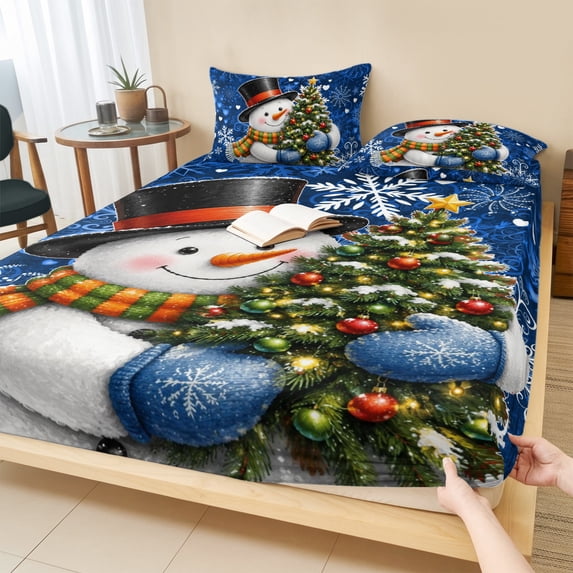 Cal.King Size Fitted Sheet Set - Blue Christmas 3 Piece Bedding Sets 16" Deep Pocket Fitted Sheet with 2 Pillowcases, Xmas Snowman Tree Snowflake Love Heart Brushed Microfiber Hotel Luxury Bed Sheets