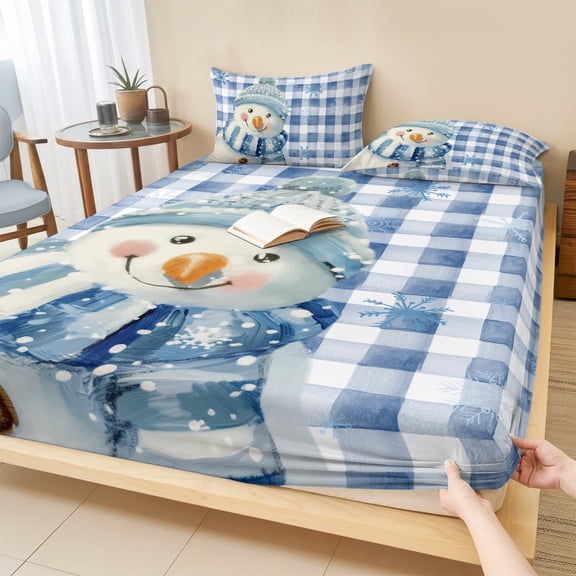Cal.King Size Fitted Sheet Set - Blue Christmas Snowman 3 Piece Bedding Sets 16" Deep Pocket Fitted Sheet with 2 Pillowcases, Winter Snowflake Xmas Plaid Brushed Microfiber Hotel Luxury Bed Sheets