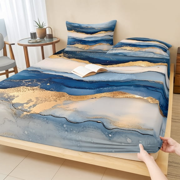 Cal.King Size Fitted Sheet Set - Blue Coastal 3 Piece Bedding Sets 16" Deep Pocket Fitted Sheet with 2 Pillowcases, Modern Luxury Nautical Summer Beach Brushed Microfiber Hotel Luxury Bed Sheets