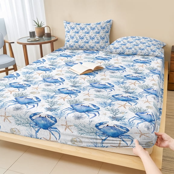 Cal.King Size Fitted Sheet Set - Blue Crab Coastal 3 Piece Bedding Sets 16" Deep Pocket Fitted Sheet with 2 Pillowcases, Summer Beach Nautical Starfish Brushed Microfiber Hotel Luxury Bed Sheets