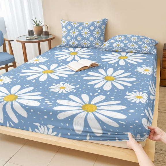 Cal.King Size Fitted Sheet Set - Blue Daisy 3 Piece Bedding Sets 16" Deep Pocket Fitted Sheet with 2 Pillowcases, Spring Floral Elegant Pastoral Botanical Brushed Microfiber Hotel Luxury Bed Sheets