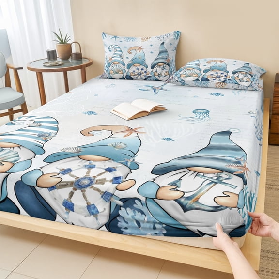 Cal.King Size Fitted Sheet Set - Blue Gnomes Coastal 3 Piece Bedding Sets 16" Deep Pocket Fitted Sheet with 2 Pillowcases, Nautical Coral Starfish Ocean Summer Brushed Microfiber Hotel Bed Sheets