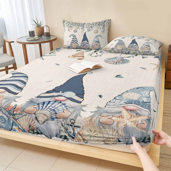 Cal.King Size Fitted Sheet Set - Blue Gnomes Coastal 3 Piece Bedding Sets 16" Deep Pocket Fitted Sheet with 2 Pillowcases, Summer Beach Eucalyptus Leaves Rustic Brushed Microfiber Hotel Bed Sheets