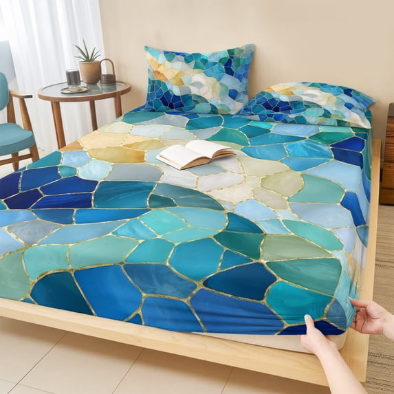 Cal.King Size Fitted Sheet Set - Blue Green Geometric 3 Piece Bedding Sets 16" Deep Pocket Fitted Sheet with 2 Pillowcases, Stained Glass Abstract Chic Art Brushed Microfiber Hotel Luxury Bed Sheets