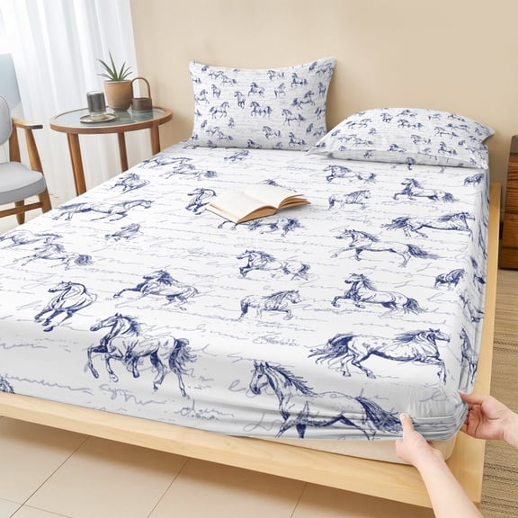 Cal.King Size Fitted Sheet Set - Blue Horse 3 Piece Bedding Sets 16" Deep Pocket Fitted Sheet with 2 Pillowcases, Watercolor Vintage Animals Brushed Microfiber Hotel Luxury Bed Sheets