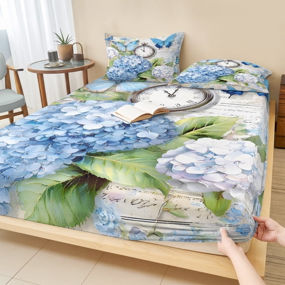 Cal.King Size Fitted Sheet Set - Blue Hydrangea Floral 3 Piece Bedding Sets 16" Deep Pocket Fitted Sheet with 2 Pillowcases, Spring Retro Butterfly Botanical Brushed Microfiber Hotel Bed Sheets