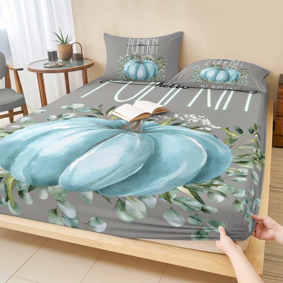 Cal.King Size Fitted Sheet Set - Blue Pumpkins Fall 3 Piece Bedding Sets 16" Deep Pocket Fitted Sheet with 2 Pillowcases, Grey Thanksgiving Botanical Leaves Brushed Microfiber Hotel Luxury Bed Sheets
