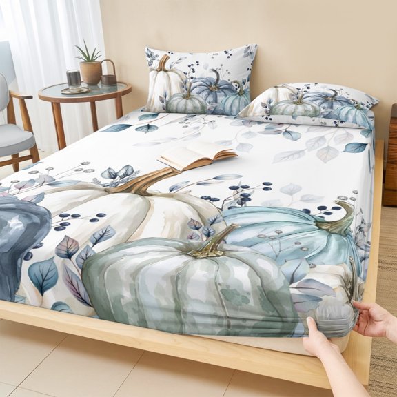 Cal.King Size Fitted Sheet Set - Blue Pumpkins Fall 3 Piece Bedding Sets 16" Deep Pocket Fitted Sheet with 2 Pillowcases, Rustic Thanksgiving Watercolor Brushed Microfiber Hotel Luxury Bed Sheets