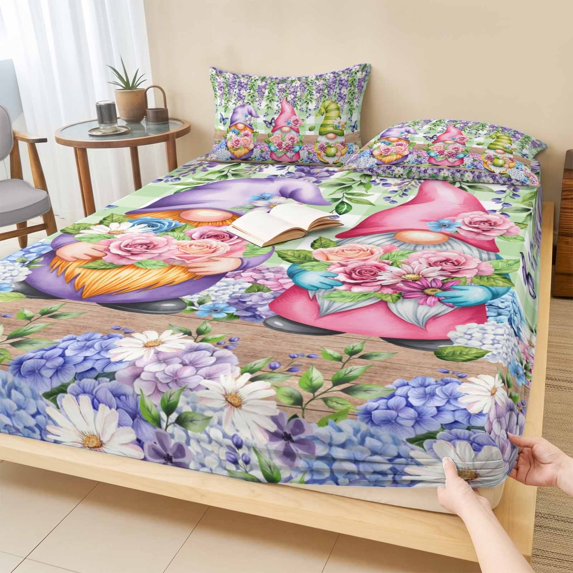 Cal.King Size Fitted Sheet Set - Blue Purple Gnomes 3 Piece Bedding Sets 16" Deep Pocket Fitted Sheet with 2 Pillowcases, Spring Hydrangea Flower Leaf Green Plaid Brushed Microfiber Hotel Bed Sheets