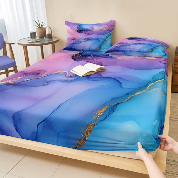 Cal.King Size Fitted Sheet Set - Blue Purple Ombre 3 Piece Bedding Sets 16" Deep Pocket Fitted Sheet with 2 Pillowcases, Marble Modern Ink Painted Abstract Brushed Microfiber Hotel Luxury Bed Sheets