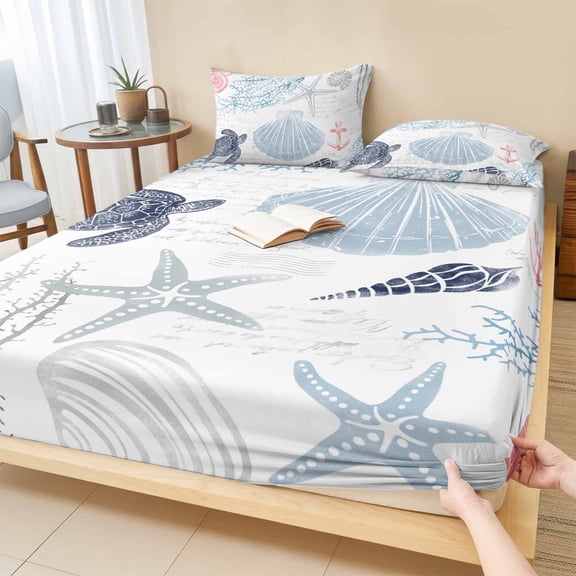 Cal.King Size Fitted Sheet Set - Blue Red Coastal Nautical 3 Piece Bedding Sets 16" Deep Pocket Fitted Sheet with 2 Pillowcases, Beach Sea Turtle Ocean Coral Starfish Brushed Microfiber Bed Sheets