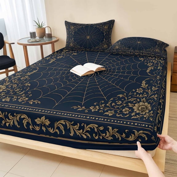 Cal.King Size Fitted Sheet Set - Blue Spiders Web Halloween 3 Piece Bedding Sets 16" Deep Pocket Fitted Sheet with 2 Pillowcases, Vintage Floral Abstract Brushed Microfiber Hotel Bed Sheets