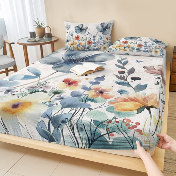 Cal.King Size Fitted Sheet Set - Blue Spring Floral 3 Piece Bedding Sets 16" Deep Pocket Fitted Sheet with 2 Pillowcases, Vintage Watercolor Summer Botanical Brushed Microfiber Hotel Bed Sheets