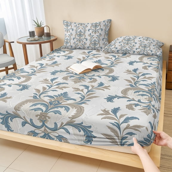 Cal.King Size Fitted Sheet Set - Blue Tan Flower 3 Piece Bedding Sets 16" Deep Pocket Fitted Sheet with 2 Pillowcases, Abstract Vintage Ethnic Tribal Boho Brushed Microfiber Hotel Luxury Bed Sheets