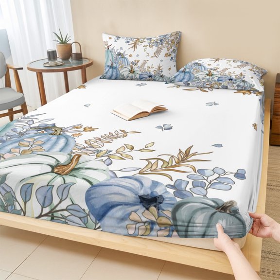 Cal.King Size Fitted Sheet Set - Blue Teal Fall 3 Piece Bedding Sets 16" Deep Pocket Fitted Sheet with 2 Pillowcases, Thanksgiving Pumpkins Watercolor Botanical Brushed Microfiber Hotel Bed Sheets