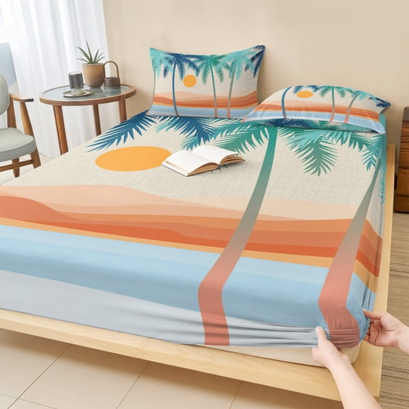 Cal.King Size Fitted Sheet Set - Boho Summer Beach 3 Piece Bedding Sets 16" Deep Pocket Fitted Sheet with 2 Pillowcases, Abstract Tropical Palm Trees Burlap Brushed Microfiber Hotel Luxury Bed Sheets