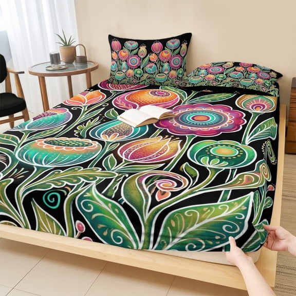 Cal.King Size Fitted Sheet Set - Boho Tulip Flower 3 Piece Bedding Sets 16" Deep Pocket Fitted Sheet with 2 Pillowcases, Spring Watercolor Abstract Floral Plant Brushed Microfiber Hotel Bed Sheets