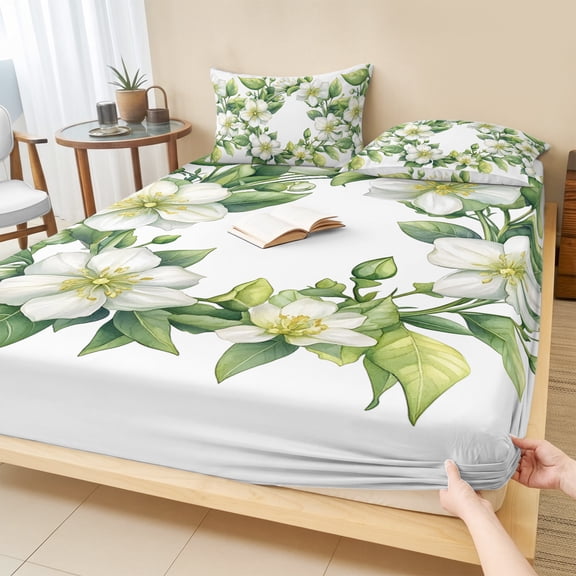 Cal.King Size Fitted Sheet Set - Botanical Green Spring 3 Piece Bedding Sets 16" Deep Pocket Fitted Sheet with 2 Pillowcases, Eucalyptus Leaves Wreath Brushed Microfiber Hotel Luxury Bed Sheets