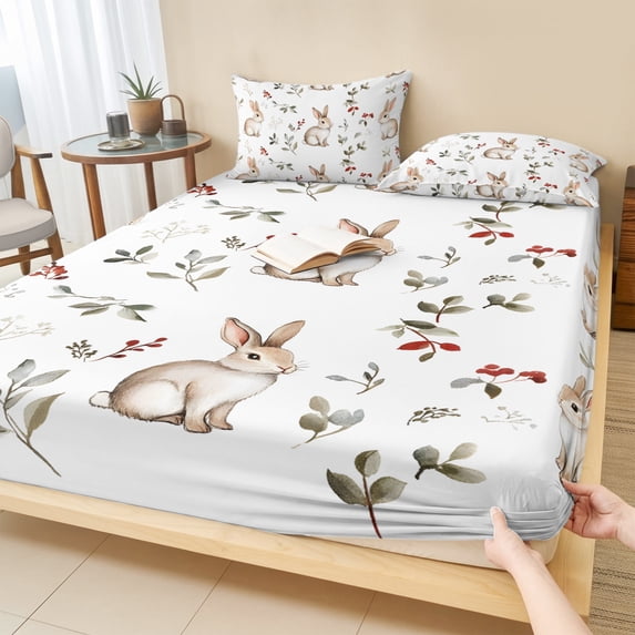 Cal.King Size Fitted Sheet Set - Botanical Rabbit 3 Piece Bedding Sets 16" Deep Pocket Fitted Sheet with 2 Pillowcases, Watercolor Pastoral Plant Leaves Flower Brushed Microfiber Hotel Bed Sheets
