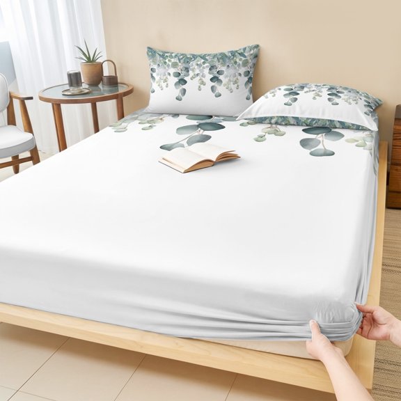 Cal.King Size Fitted Sheet Set - Botanical Teal 3 Piece Bedding Sets 16" Deep Pocket Fitted Sheet with 2 Pillowcases, Watercolor Eucalyptus Leaves Spring Brushed Microfiber Hotel Luxury Bed Sheets