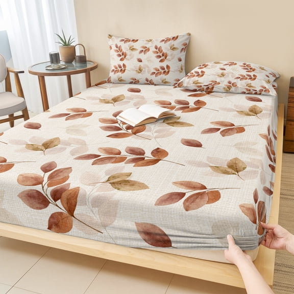 Cal.King Size Fitted Sheet Set - Brown Botanical Fall 3 Piece Bedding Sets 16" Deep Pocket Fitted Sheet with 2 Pillowcases, Pastoral Maple Leaf Autumn Rustic Brushed Microfiber Hotel Bed Sheets