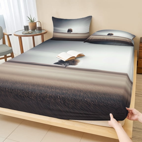 Cal.King Size Fitted Sheet Set - Brown Tree 3 Piece Bedding Sets 16" Deep Pocket Fitted Sheet with 2 Pillowcases, Modern Ombre Abstract Art Aesthetics Brushed Microfiber Hotel Luxury Bed Sheets