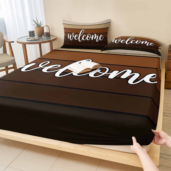 Cal.King Size Fitted Sheet Set - Brown Wooden Grain 3 Piece Bedding Sets 16" Deep Pocket Fitted Sheet with 2 Pillowcases, Ombre Farmhouse Country Wood Plank Brushed Microfiber Hotel Luxury Bed Sheets