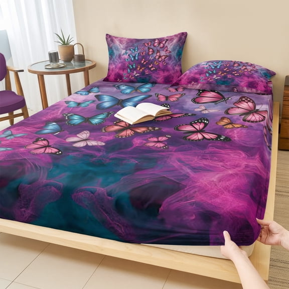 Cal.King Size Fitted Sheet Set - Butterfly 3 Piece Bedding Sets 16" Deep Pocket Fitted Sheet with 2 Pillowcases, Purple Blue Fantasy Dream Butterflies Abstract Brushed Microfiber Hotel Bed Sheets