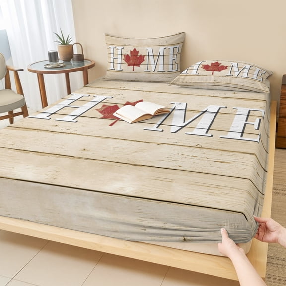 Cal.King Size Fitted Sheet Set - Canada Maple Home 3 Piece Bedding Sets 16" Deep Pocket Fitted Sheet with 2 Pillowcases, Red Leaf Vintage Farmhouse Grey Wooden Brushed Microfiber Hotel Bed Sheets