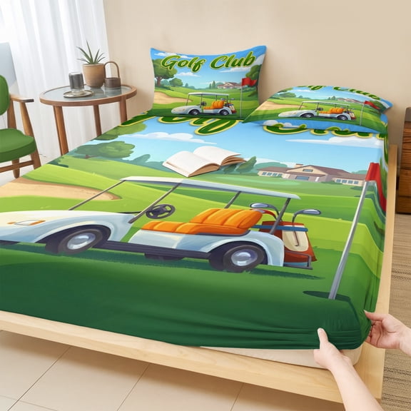Cal.King Size Fitted Sheet Set - Cartoon Golf 3 Piece Bedding Sets 16" Deep Pocket Fitted Sheet with 2 Pillowcases, Chic Country Green Trees Cabins Sports Brushed Microfiber Hotel Luxury Bed Sheets