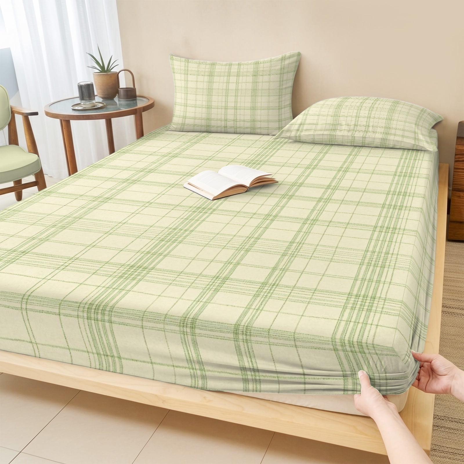 Cal.King Size Fitted Sheet Set - Check Plaid 3 Piece Bedding Sets 16 ...