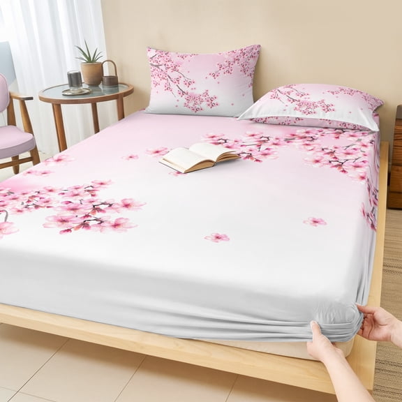 Cal.King Size Fitted Sheet Set - Cherry Blossom 3 Piece Bedding Sets 16" Deep Pocket Fitted Sheet with 2 Pillowcases, Gradient Tree Pink Flower Plant Brushed Microfiber Hotel Luxury Bed Sheets