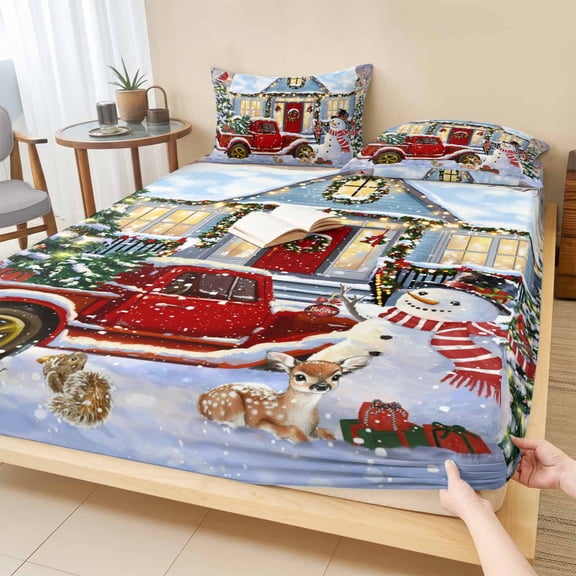 Cal.King Size Fitted Sheet Set - Christmas 3 Piece Bedding Sets 16" Deep Pocket Fitted Sheet with 2 Pillowcases, Farmhouse Xmas Snowman Truck Tree Brushed Microfiber Hotel Luxury Bed Sheets