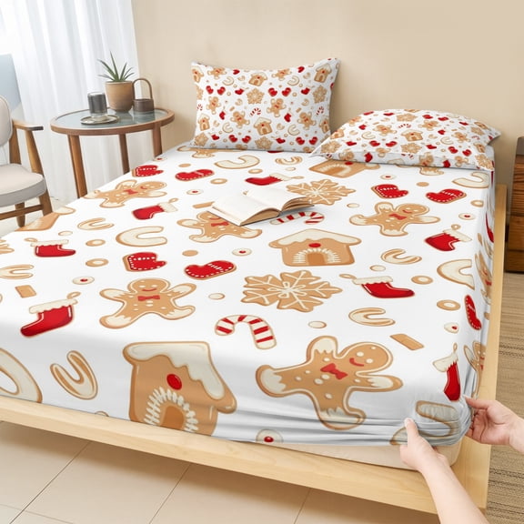 Cal.King Size Fitted Sheet Set - Christmas 3 Piece Bedding Sets 16" Deep Pocket Fitted Sheet with 2 Pillowcases, Gingerbread Merry Xmas Snowflakes Holiday Brushed Microfiber Hotel Luxury Bed Sheets