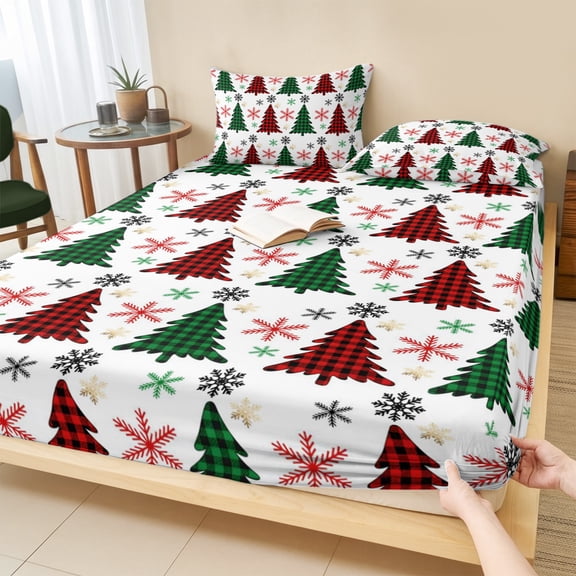 Cal.King Size Fitted Sheet Set - Christmas 3 Piece Bedding Sets 16" Deep Pocket Fitted Sheet with 2 Pillowcases, Winter Red Green Xmas Buffalo Plaid Tree Snowflake Brushed Microfiber Hotel Bed Sheets