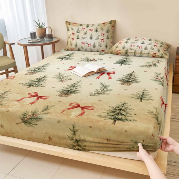 Cal.King Size Fitted Sheet Set - Christmas 3 Piece Bedding Sets 16" Deep Pocket Fitted Sheet with 2 Pillowcases, Winter Vintage Xmas Trees Bow Holly Leaf Beige Brushed Microfiber Hotel Bed Sheets
