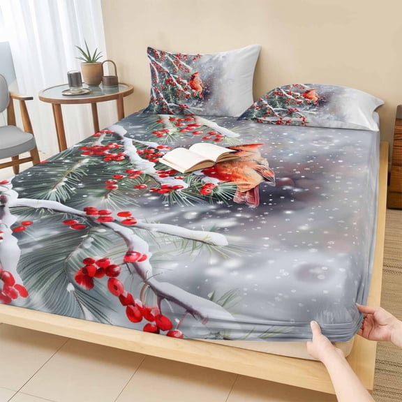 Cal.King Size Fitted Sheet Set - Christmas 3 Piece Bedding Sets 16" Deep Pocket Fitted Sheet with 2 Pillowcases, Xmas Birds Berry Red Snowflake Brushed Microfiber Hotel Luxury Bed Sheets