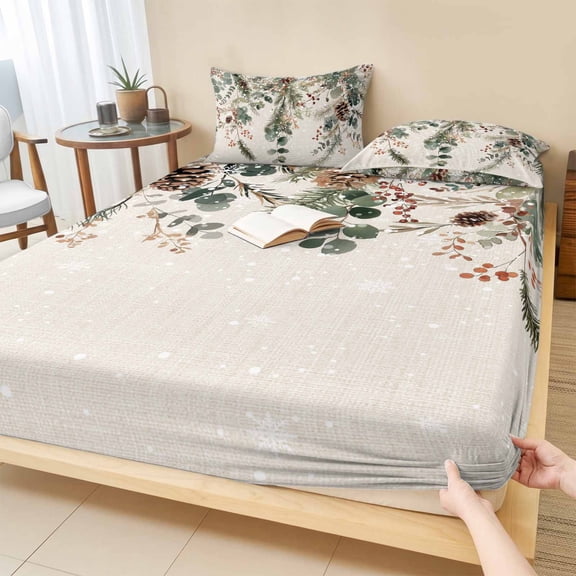 Cal.King Size Fitted Sheet Set - Christmas 3 Piece Bedding Sets 16" Deep Pocket Fitted Sheet with 2 Pillowcases, Xmas Botanical Pinecone Eucalyptus Leaves Rustic Brushed Microfiber Hotel Bed Sheets