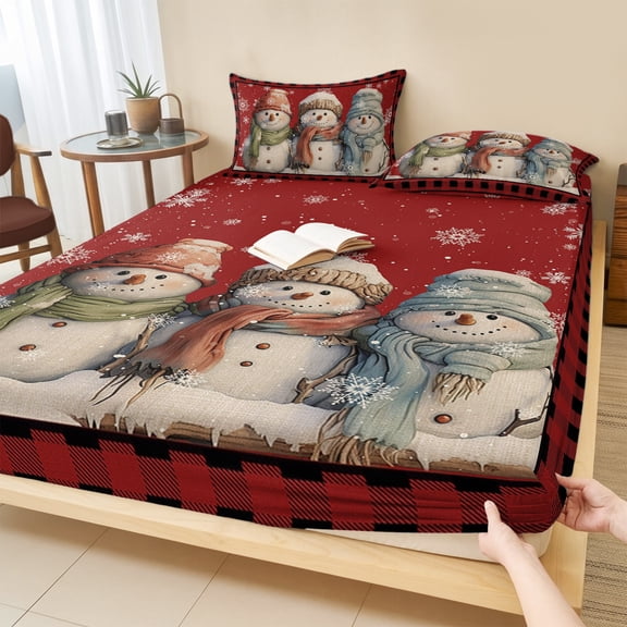 Cal.King Size Fitted Sheet Set - Christmas 3 Piece Bedding Sets 16" Deep Pocket Fitted Sheet with 2 Pillowcases, Xmas Red Snowman Winter Snowflake Black Plaid Brushed Microfiber Hotel Bed Sheets