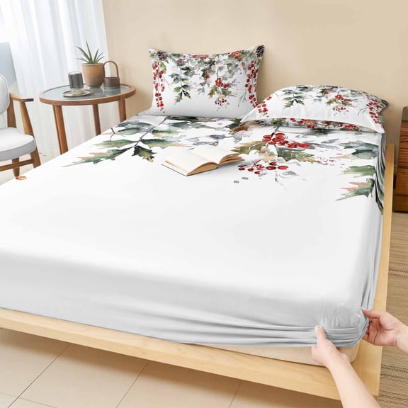 Cal.King Size Fitted Sheet Set - Christmas 3 Piece Bedding Sets 16" Deep Pocket Fitted Sheet with 2 Pillowcases, Xmas Tree Botanical Red Berry Pinecone Brushed Microfiber Hotel Luxury Bed Sheets