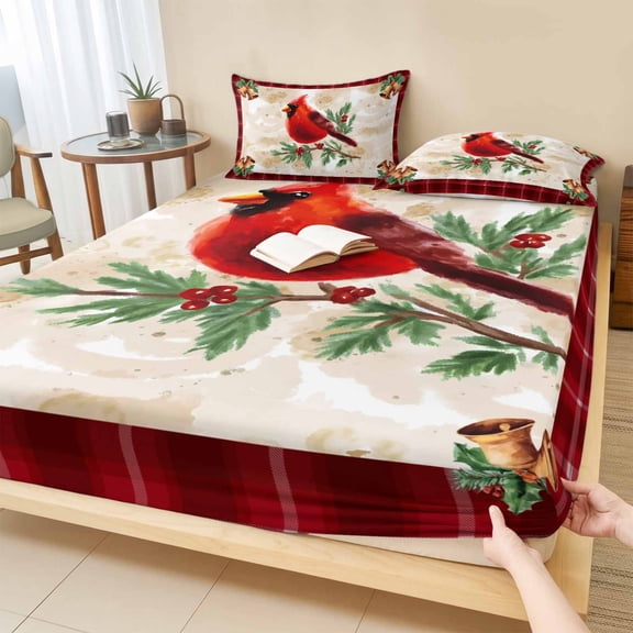 Cal.King Size Fitted Sheet Set - Christmas Cardinal 3 Piece Bedding Sets 16" Deep Pocket Fitted Sheet with 2 Pillowcases, Winter Red Bird Vintage Xmas Berry Leaf Brushed Microfiber Hotel Bed Sheets