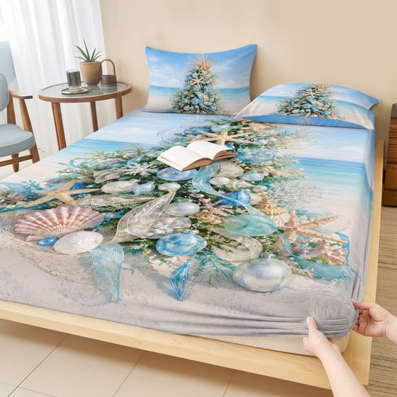 Cal.King Size Fitted Sheet Set - Christmas Coastal 3 Piece Bedding Sets 16" Deep Pocket Fitted Sheet with 2 Pillowcases, Nautical Pine Tree Starfish Coral Seashell Microfiber Hotel Luxury Bed Sheets