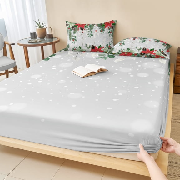 Cal.King Size Fitted Sheet Set - Christmas Eucalyptus 3 Piece Bedding Sets 16" Deep Pocket Fitted Sheet with 2 Pillowcases, Xmas Pine Poinsettia Botanical Grey Brushed Microfiber Hotel Bed Sheets