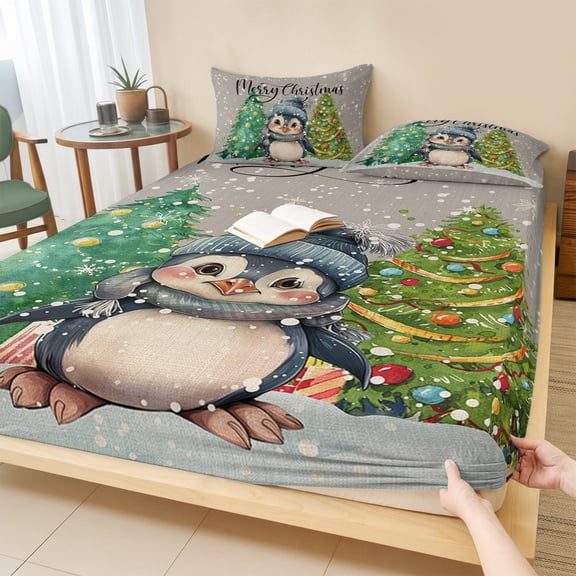 Cal.King Size Fitted Sheet Set - Christmas Penguin, 3 Piece Bedding Sets 16" Deep Pocket Fitted Sheet with 2 Pillowcases, Winter Snowflake Pine Tree Grey Brushed Microfiber Hotel Luxury Bed Sheets