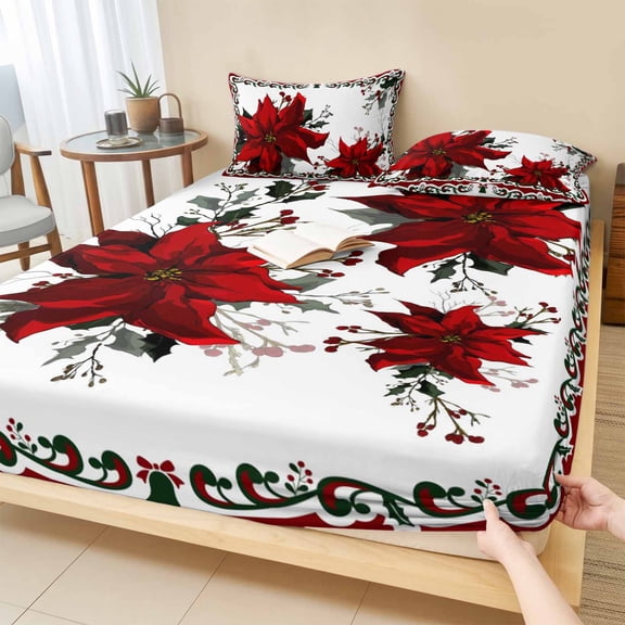 Cal.King Size Fitted Sheet Set - Christmas Poinsettia 3 Piece Bedding Sets 16" Deep Pocket Fitted Sheet with 2 Pillowcases, Winter Xmas Red Floral Botanical Holiday Microfiber Hotel Bed Sheets